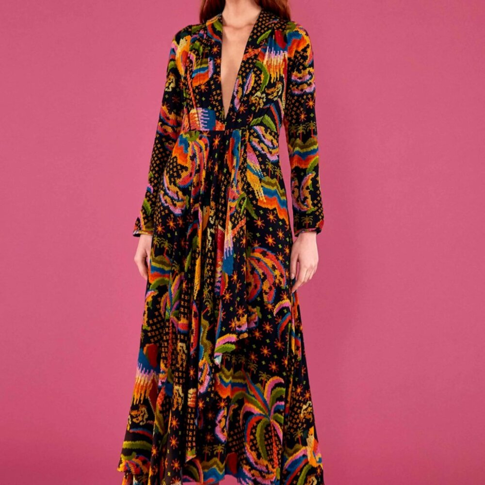 Never Worn FARM Rio Black Macaw Island Long Sleeve Maxi Dress